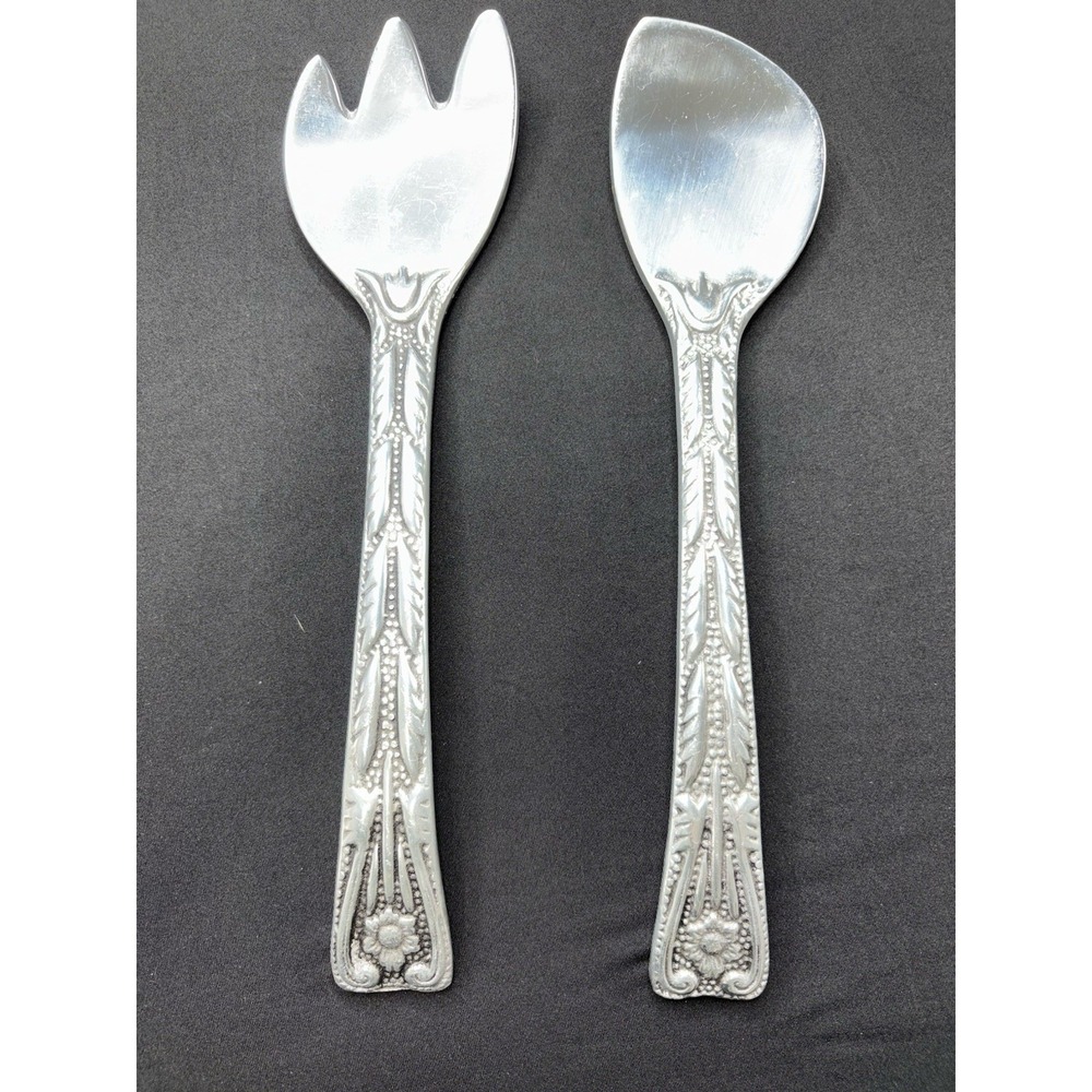 Vintage Wilton Armetale Large Salad Serving Utensils Fork & Spoon Tulip Pattern